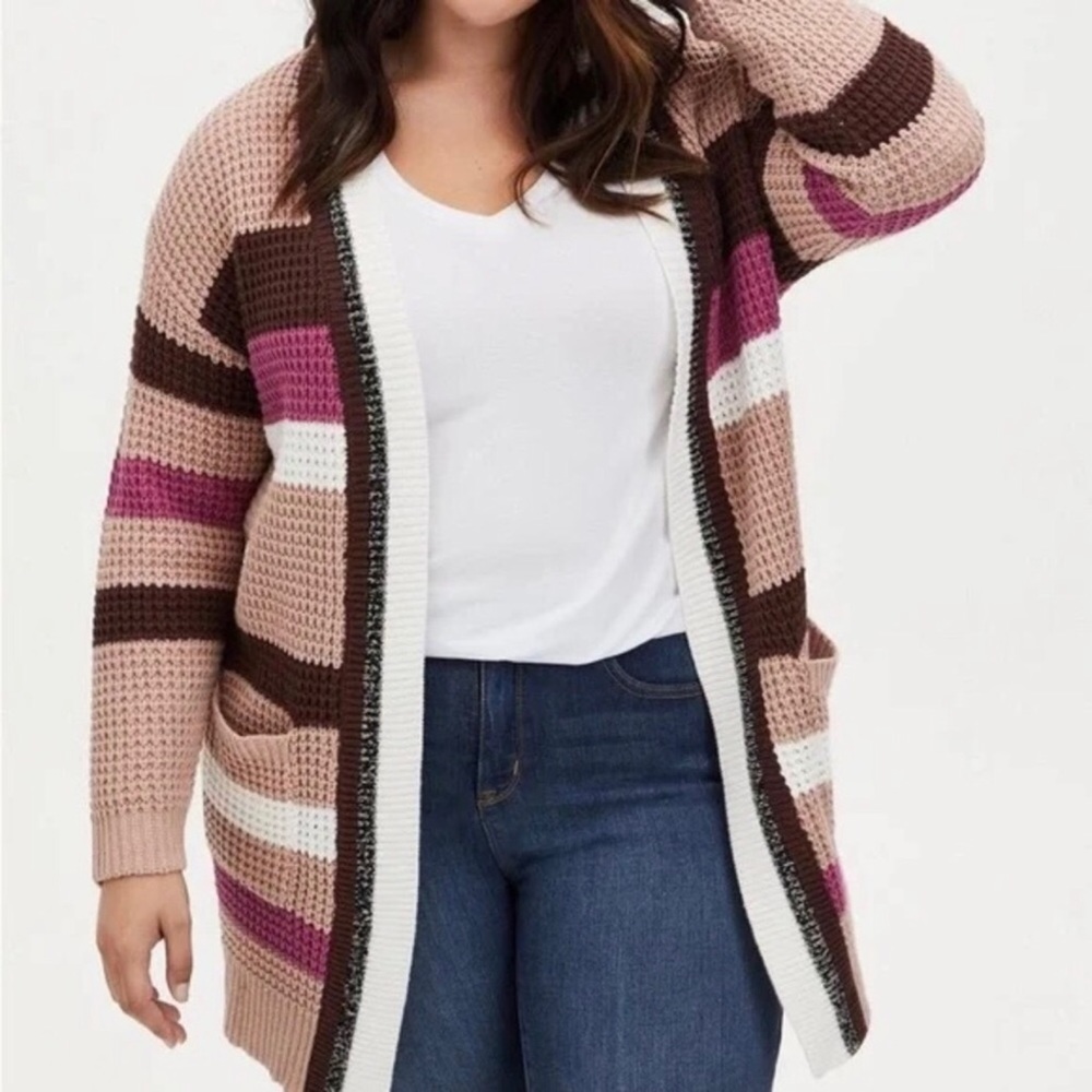 Torrid Striped Open Front Pocket Cardigan Sweater Sz 5X Pink Brown White Magenta
